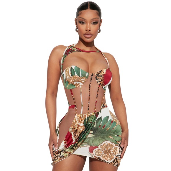 Fashion Nova Dresses & Skirts - Fashion Nova Multicolor Tropical Print Mini Dress - Green, Red, White, Gold